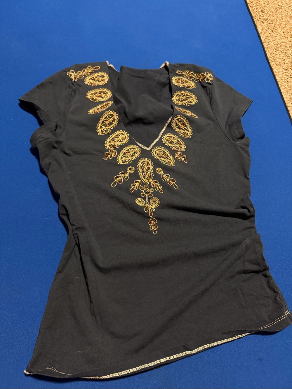 The Limited Black V-Neck Short Sleeve Top with Gold Embroidery